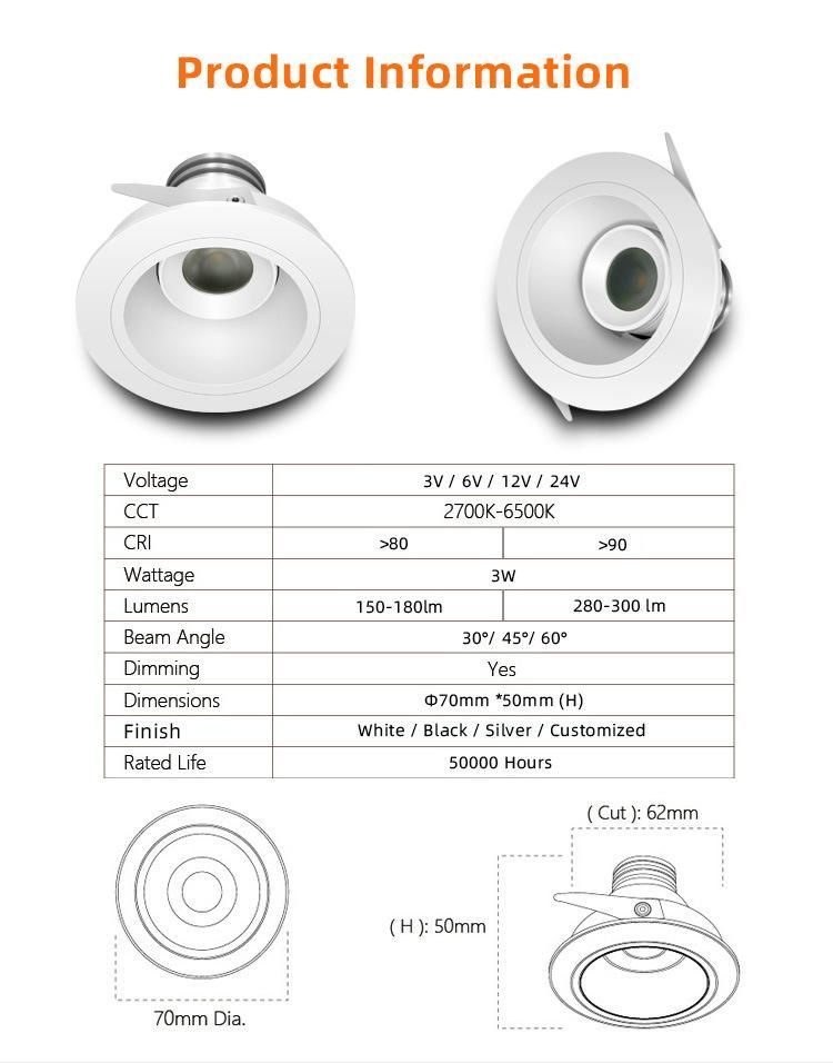 Trimless Dimmable 3W COB Recessed Mini LED Downlights Spotlight 620