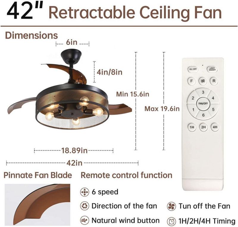 Ceiling Fan Metal Element Acrylic Popular Blades Invisible Ceiling Fan with Lights and Remote Control