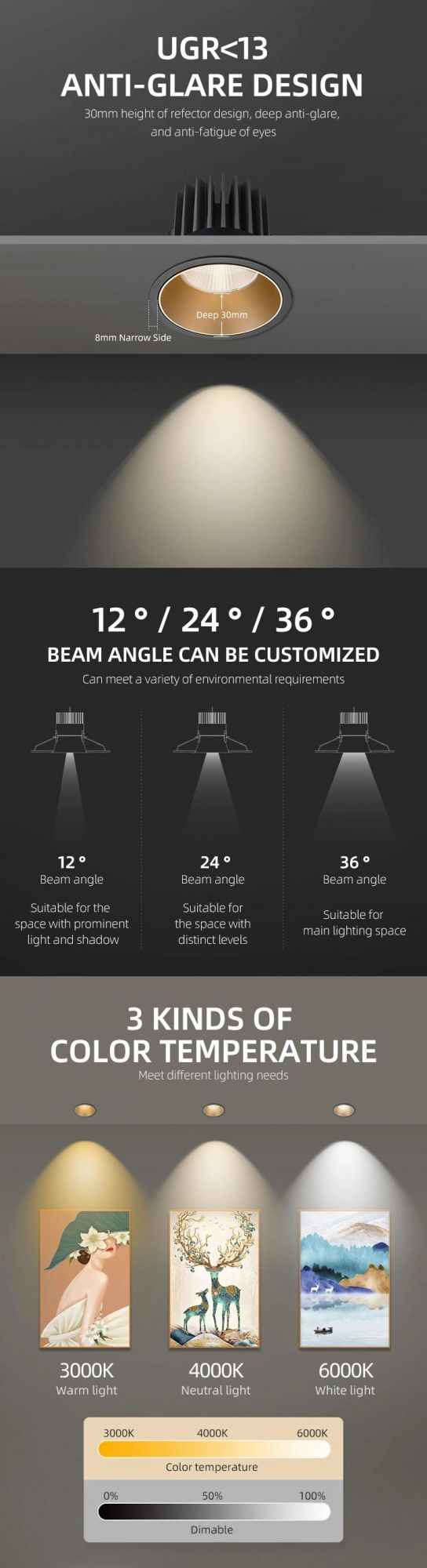 Anti-Glare CCT Three Color in One LED Spotlight LED Downlight Triac Dimmable 12W
