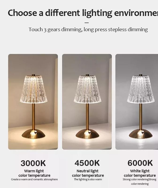 Modern Style USB Acrylic Luxury Glass Stand LED Crystal LED Table Lamp Acrylic Touch Metal Hotel Decoration Restaurant Cordless Rechargeable Desk Light Lamps