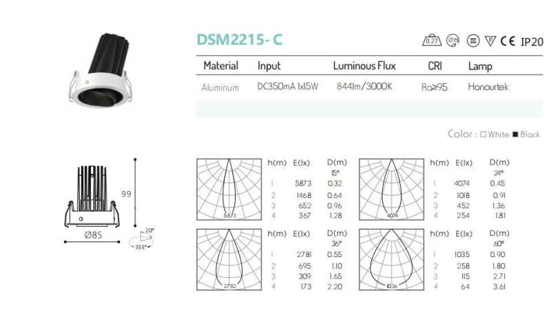 Recessed Dimmable Down Light 15W COB LED Downlight