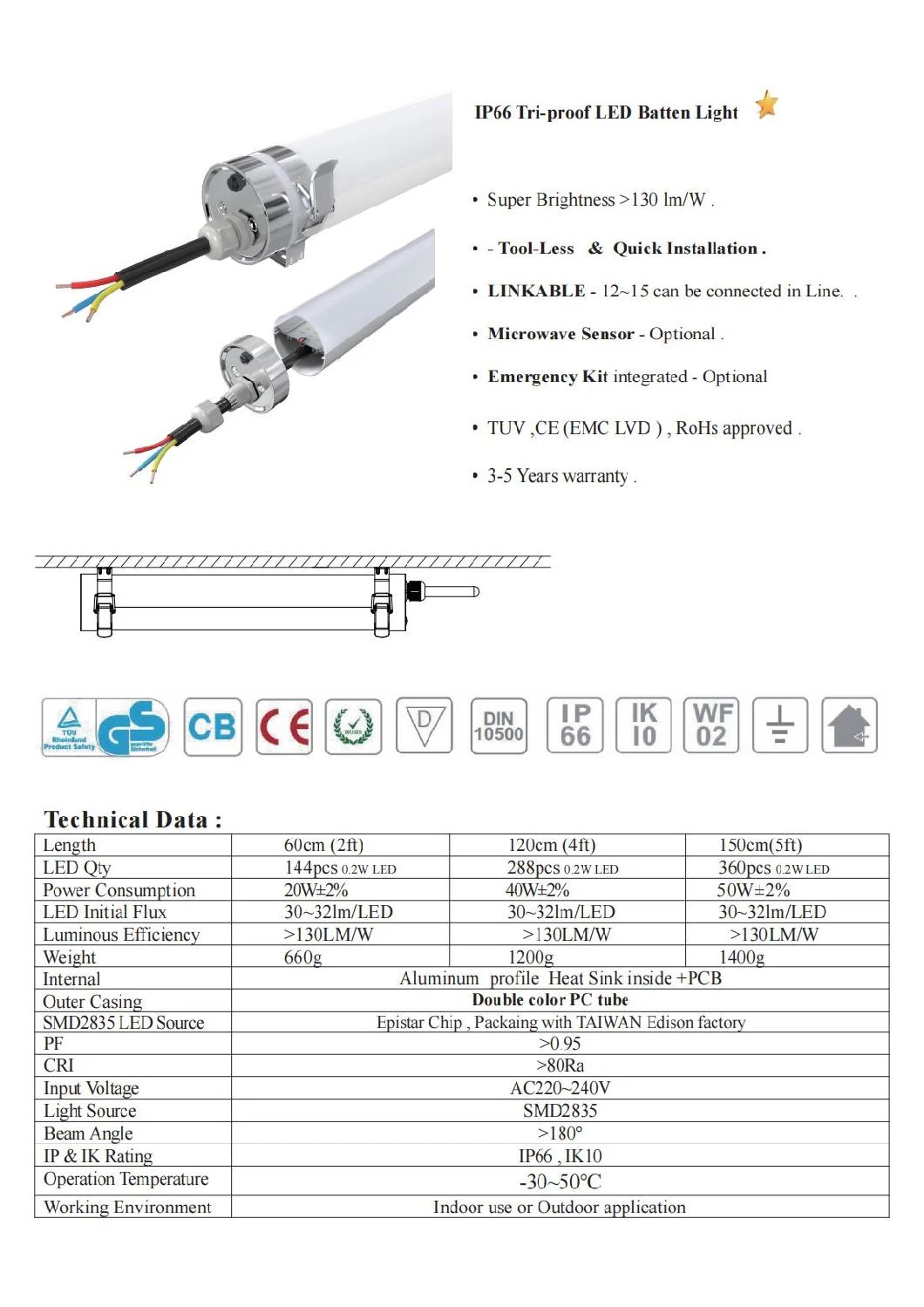 Rygh IP69 Ik10 LED Batten Light Highbay Light Linear LED Tube Light 40W