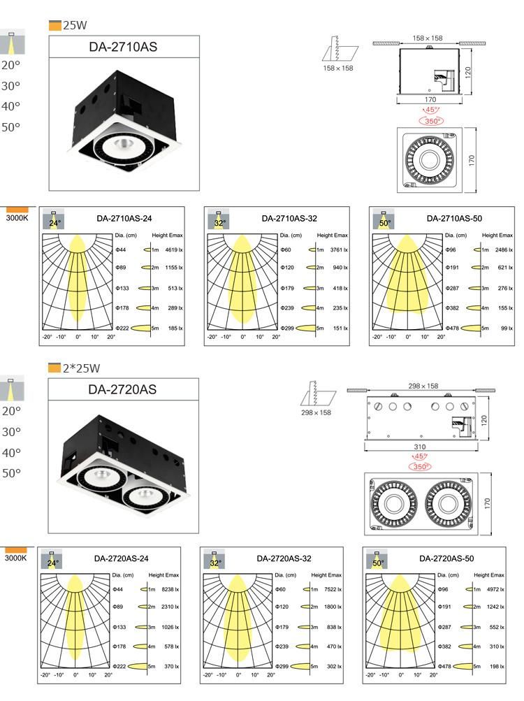 High Power 12W Adjustable Downlight for Hotel LED Grille Light