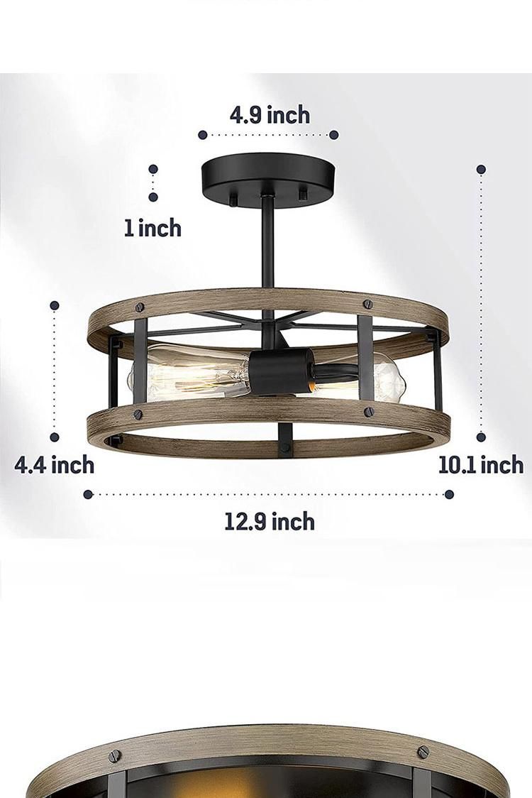 Iron Retro Ceiling Lamp Wood Grain Living Room Bedroom Round Ceiling Lamp