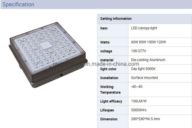 2019 Outdoor Gas Station Highbay LED Canopy Light 80W 100W 120W for Warehouse