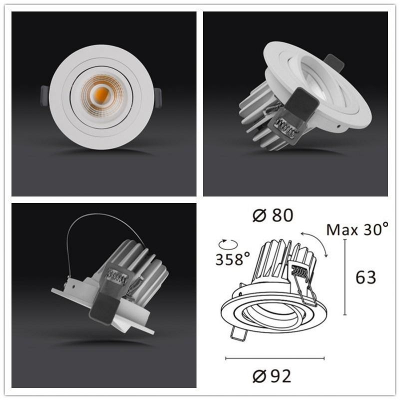 Pure Aluminum 6W 10W Adjustable COB LED Recessed Down Spot Light