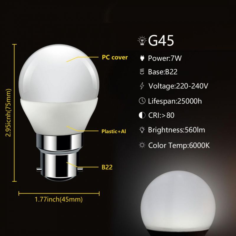 Factory Direct Supply of LED Bulb G45 Real Power 7W Low Power LED Light Bulb with CE RoHS Approved Lamp for Indoor Lighting with E14 E27 B22 Base