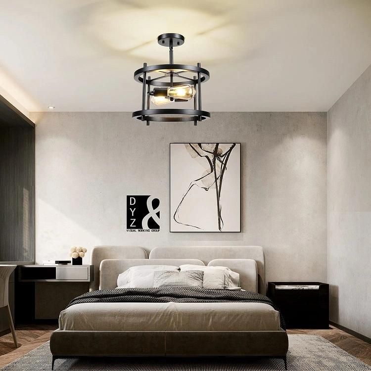 Matte Black Semi Recessed Ceiling Light Fixtures 2 Lights E26 Farmhouse Pendant Light Retro Industrial Ceiling LED Chandeliers