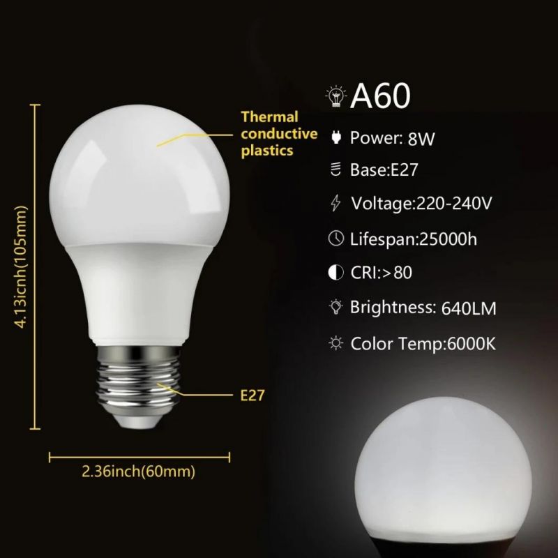 Long Life Time Enegry Saving Lamp LED Light A60 8W E27 B22 Hot Sale Factory Direct LED Bulb with CE RoHS ERP Approval Indoor Lighting