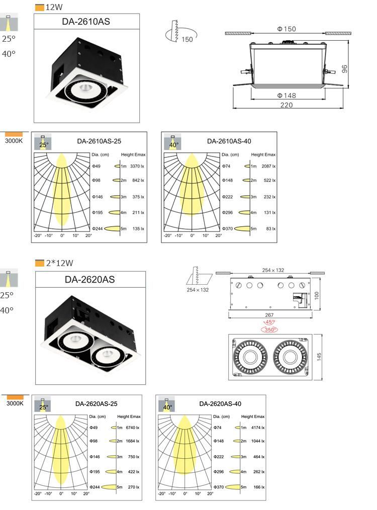 High Power 12W Adjustable Downlight for Hotel LED Grille Light