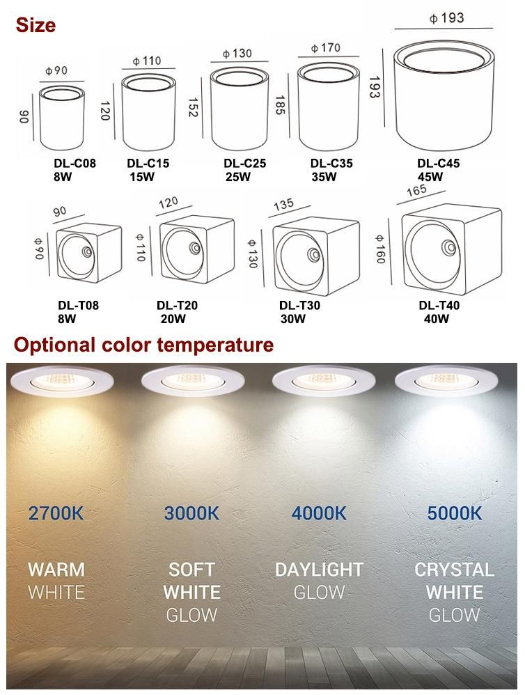 Color Change Squre/Round 5 6 7 Inch Surface Mounted COB Ajustable Thicken LED Downlight