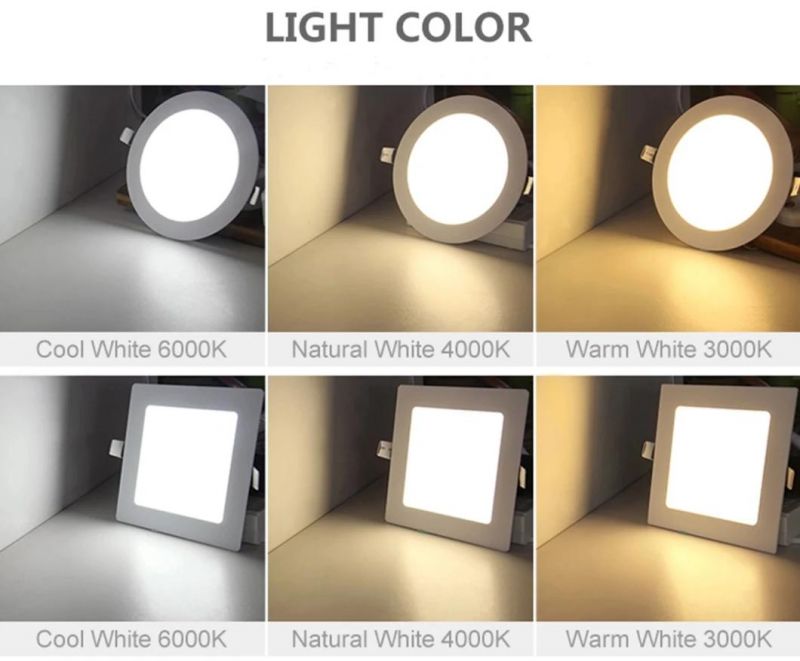 Indoor Use White Warm Cold White Cool White Nature White High Lumen Recessed Type LED Panel Light Round Square Lampada