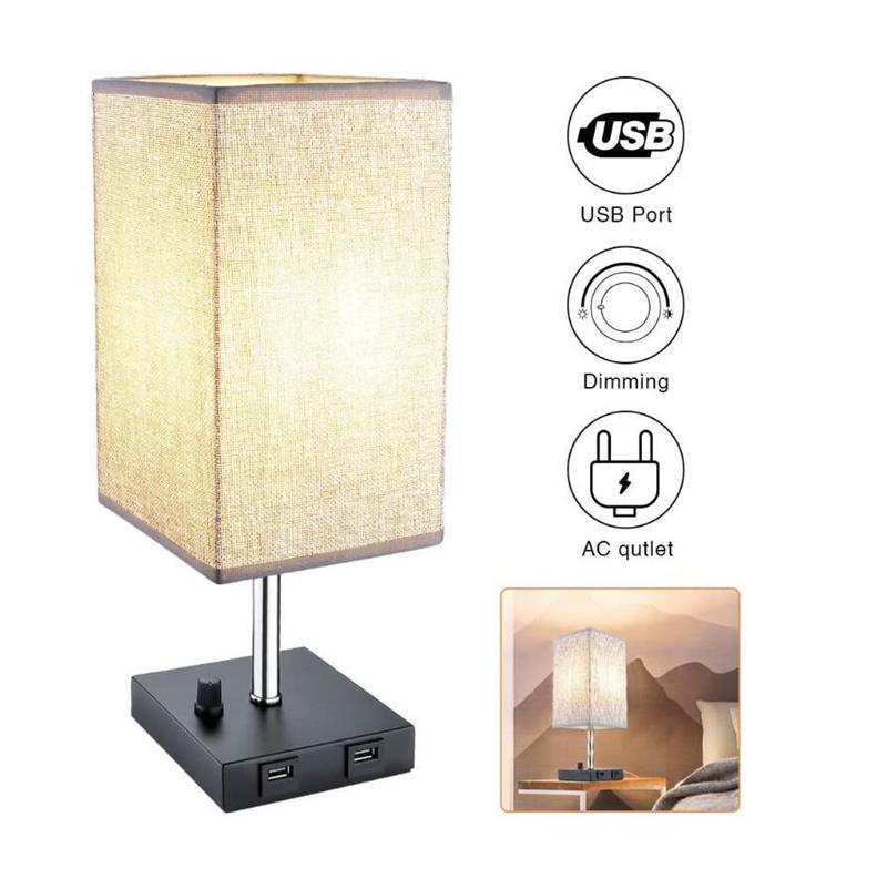 LED Simple Square Linen Indoor Desk Light Bedside Lighting USB Rechargeable Table Lamp