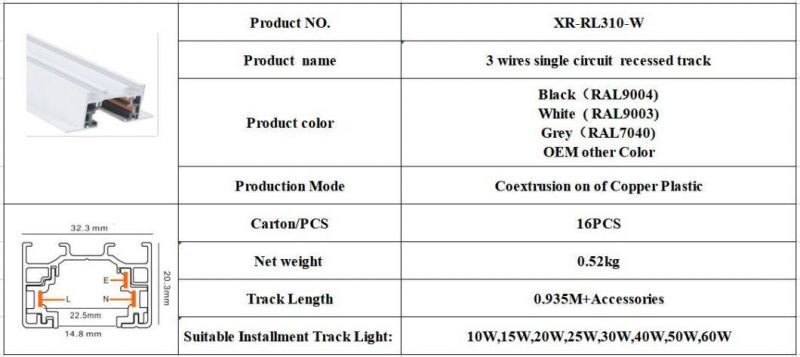 X-Track 3wires Single Circuit 1m White Recessed Track for Restaurant and Supermarket Decoration