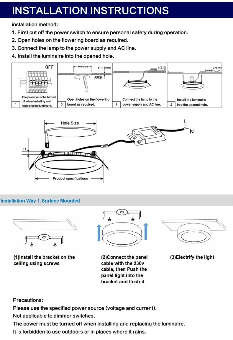 High Lumen 6500K 120lm/W 3W 6W 9W 12W 15W 18W LED Panel Light