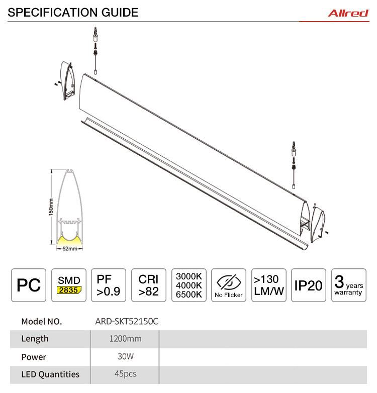 Workbench Suspended Ceiling Linear Light 30W 50W Dimmable Linkable LED Batten Lamp Fixture