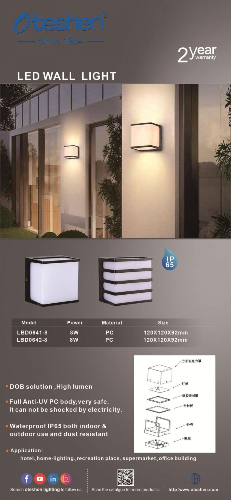 Square EMC Approved Oteshen 120X120X92mm Foshan Bedroom Wall Lamp LED Light with Factory Price Lbd0641-8