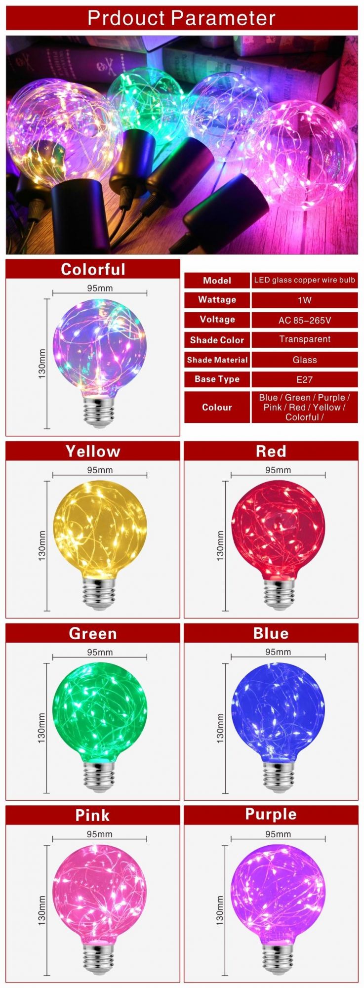 LED Edison String Light Bulb E27 110V 220V G95 Colorful RGB Lighting Copper Wire Bulb Home Decor Holiday Night Light Lampled Edison String Light Bulb E27 110V