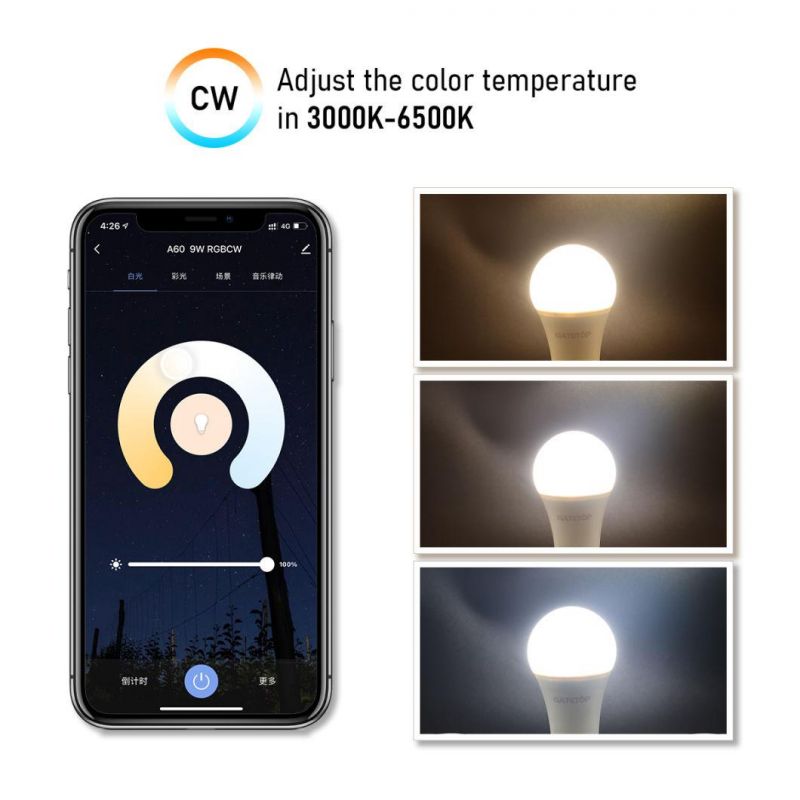 China Manufacturer LED Tuya A60 9W WiFi Rgbcw 220-240V Interior Smart Dimmable Bulb Work with Alexa Google Home