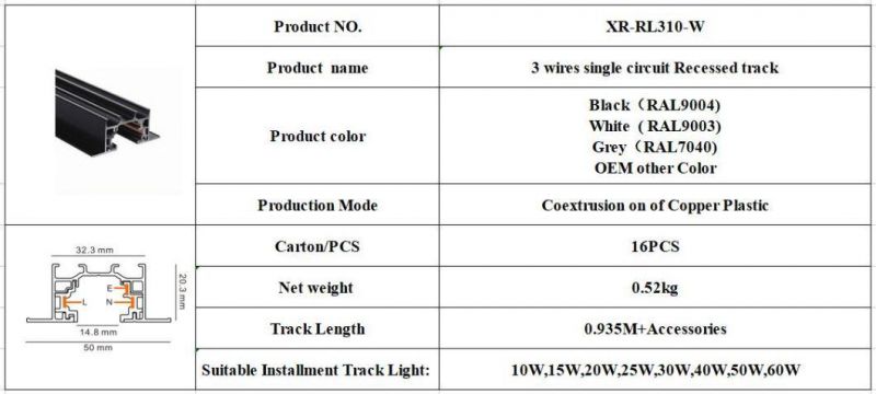 X-Track 3wires Single Circuit 1m Recessed Black Track for Restaurant and Supermarket Decoration