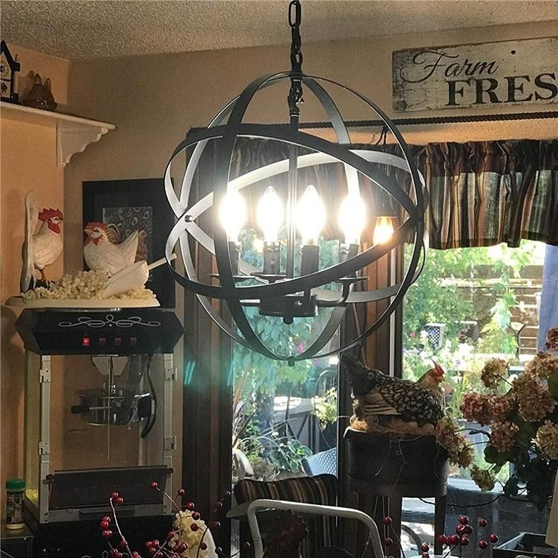 4-Light Chandelier Farmhouse Rustic Industrial Pendant Lighting with Metal Spherical Shade Black Chandeliers for Dining Room