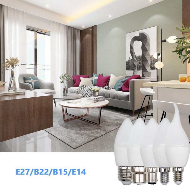 LED Candle Bulb C37 5W Different Base Option E14 E27 B22 B15 Plastic Aluminum Energy Saving Lamp with CE RoHS ERP Approval LED Bulb Light for Indoor Lighting