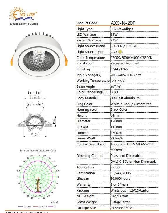 Adjustable 21/27W GU10 Dimmable Recessed COB LED Ceiling Downlight