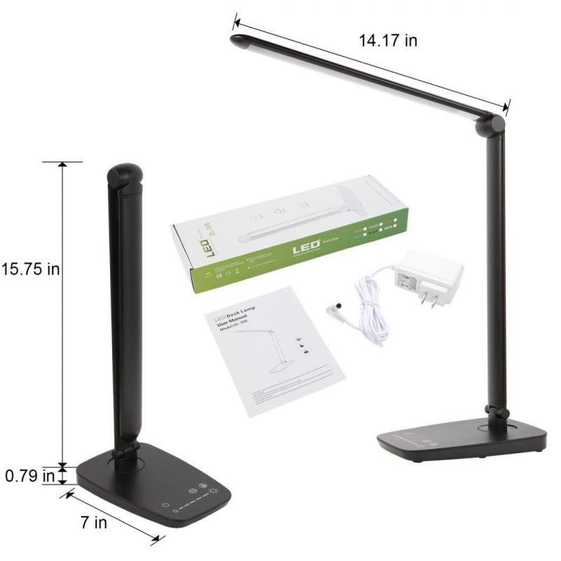 LED Desk Lamp Adjustable, Dimmable Table Lamp Eye Care Energy-Saving, LED Folding Office Reading Light(10W/12V, Touch Control, USB Charging Port, 5-Level Dimmer
