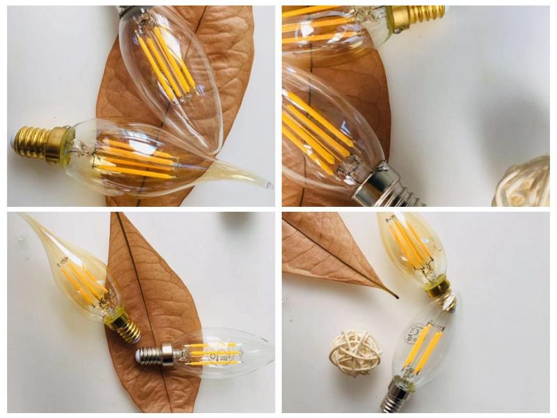 LED Candle Bulb Light C35 Vintage Lamp Golden E14 4W LED Filament Bulb for Indoor Lighting and Home Decoration with CE RoHS ERP Approval