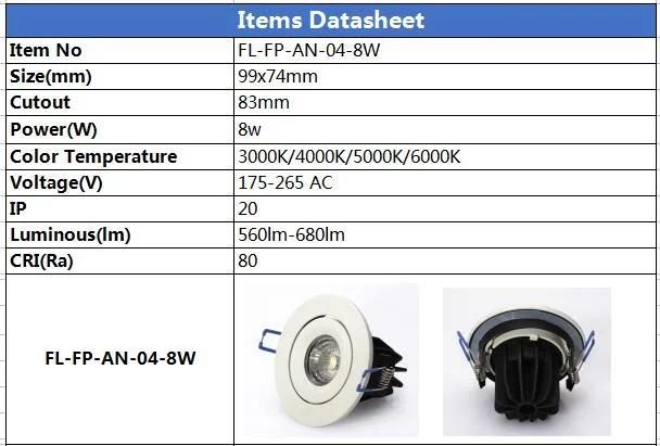 04 Fire Rated Fireproof Dimmable Adjustable IP20 8W Changeable Dimmable COB Fire Rated Downlight