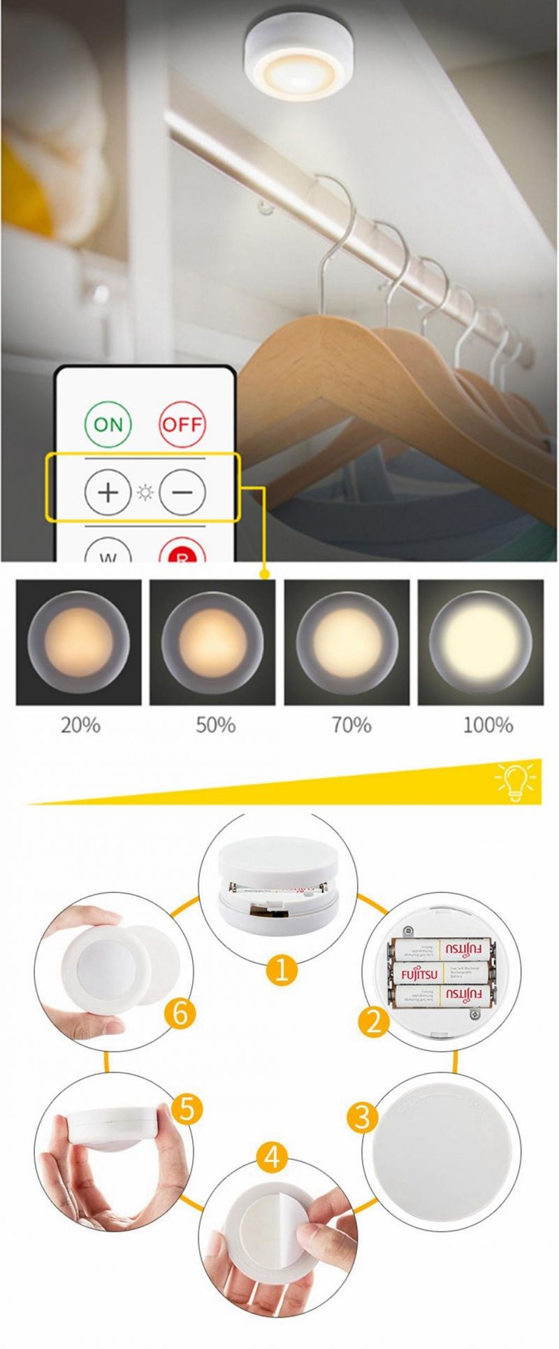 LED Remote Control Cabinet Lamp Small Night Light Round Shape with Battery Supply 0.6W