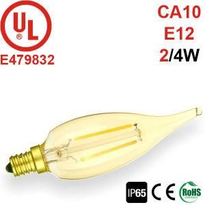 UL-Listed E12 Vintage Gold Ca10/C10/C32 Flame Tip Light Bulb 2W LED Filament Chandelier Bulb 4 Watt