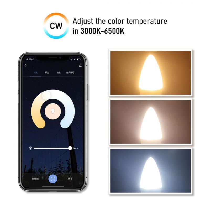 Alexa Google Home C37 E14 5W LED Candle Bulb WiFi Tuya Bulb RGB+Cw+Ww LED Smart Bulb for Party and Indoor Lighting