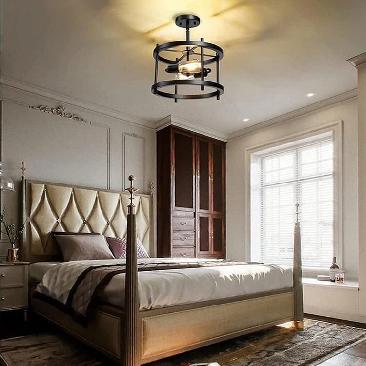 Matte Black Semi Recessed Ceiling Light Fixtures 2 Lights E26 Farmhouse Pendant Light Retro Industrial Ceiling LED Chandeliers