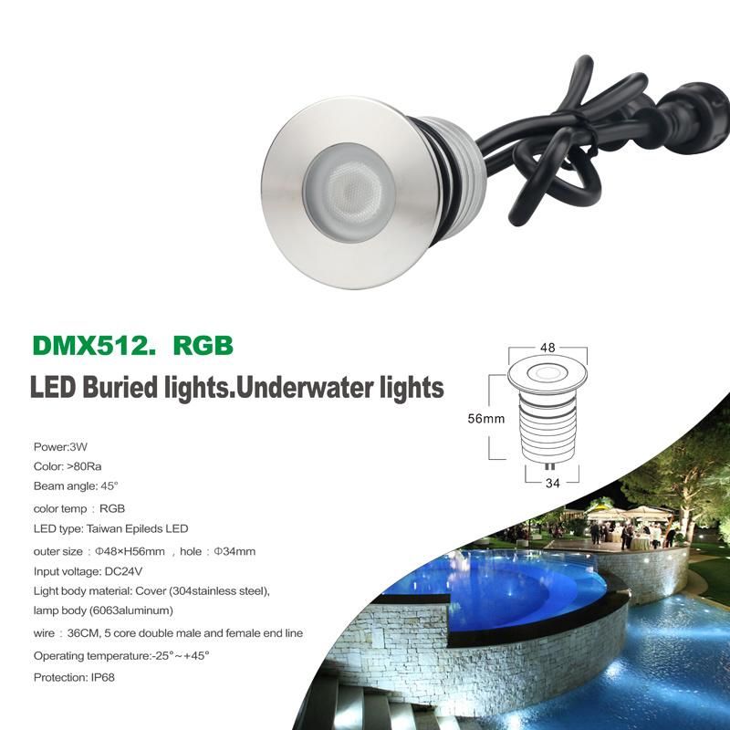 RGB DMX512 24V IP68 3W CREE LED Spot Light Marine Lamp Garden LED Lighting