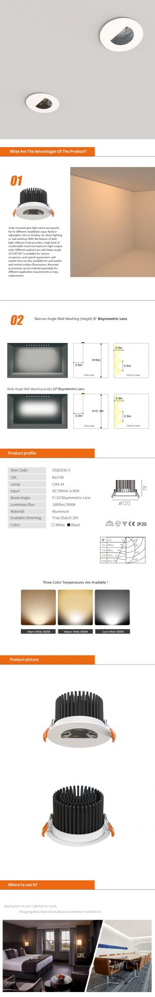 Rotatable Angle Fixed CRI95 30W LED Downlights