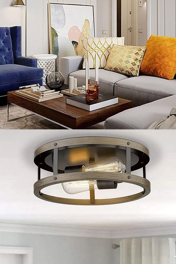 Iron Retro Ceiling Lamp Wood Grain Living Room Bedroom Round Ceiling Lamp