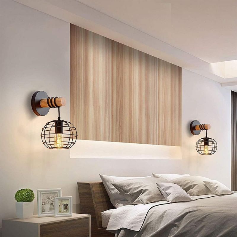 LED Amazon Retro Wrought Iron Black Round Iron Shade Hotel Room Bedroom Bedside Lights Wood Wall Light