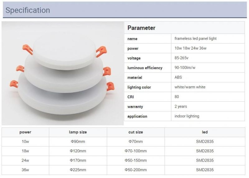 Hole Size Free Adjustable Frameless High Brightness 16W LED Light Round Panel