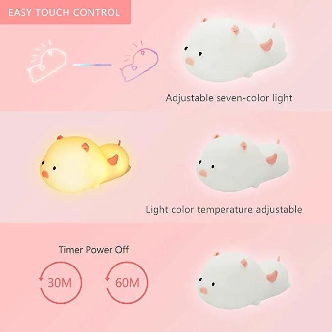 Factory Supply Silicone Night Light for Kid Pig Nursery Lamp Touch Sensor Decorative LED Light USB Rechargeable