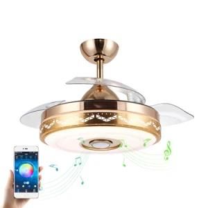 Wholesale Modern Invisible Blade OEM Music Speaker Ceiling Fan with Light 110V WiFi New Design