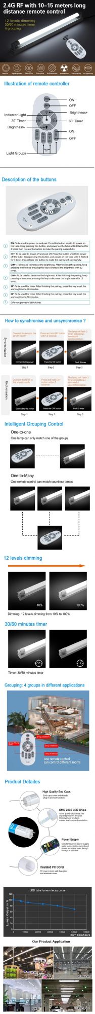 2.4G with Remote Control Dimmable 30′ /60′ Timer 1200mm 4FT 18W T8 LED Tube