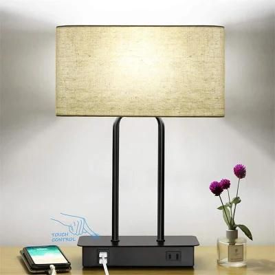 USB Double Charge Linen Square Indoor Bedside Lamp Bedroom Touch Desk Lamp