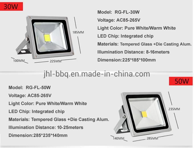 LED Flood Light Special Designed for Application in Outdoor with IP65 Waterproof Aluminum Die Casting Shell and Diffuse 30W/50W/100W/150W/200W