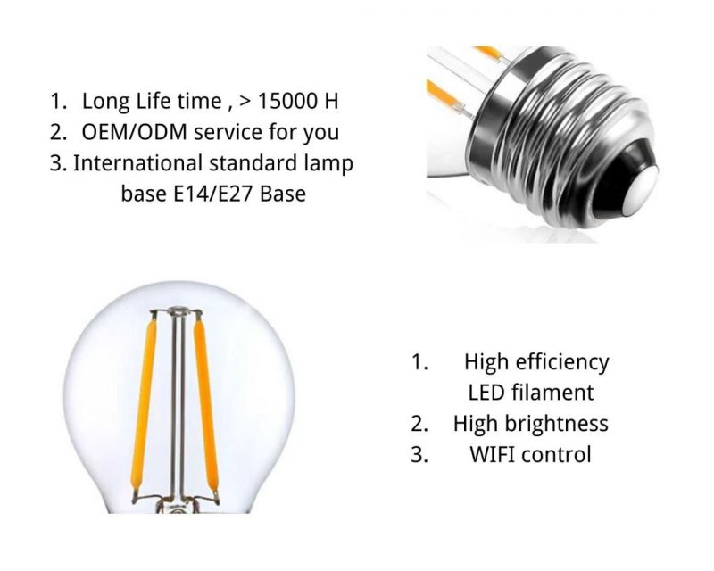 WiFi Control LED Vintage Filament Bulbs G45 LED Bulb Dimmable LED Globe Lamp E14 E27 Base LED Light 2W LED Bulb with Ce RoHS