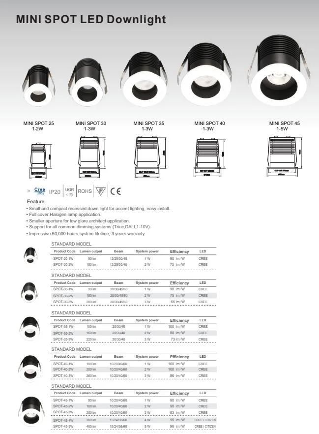 Aluminum Mini LED Spot Light Recessed Mini LED Down Light 3W with Three or Five Years Warranty