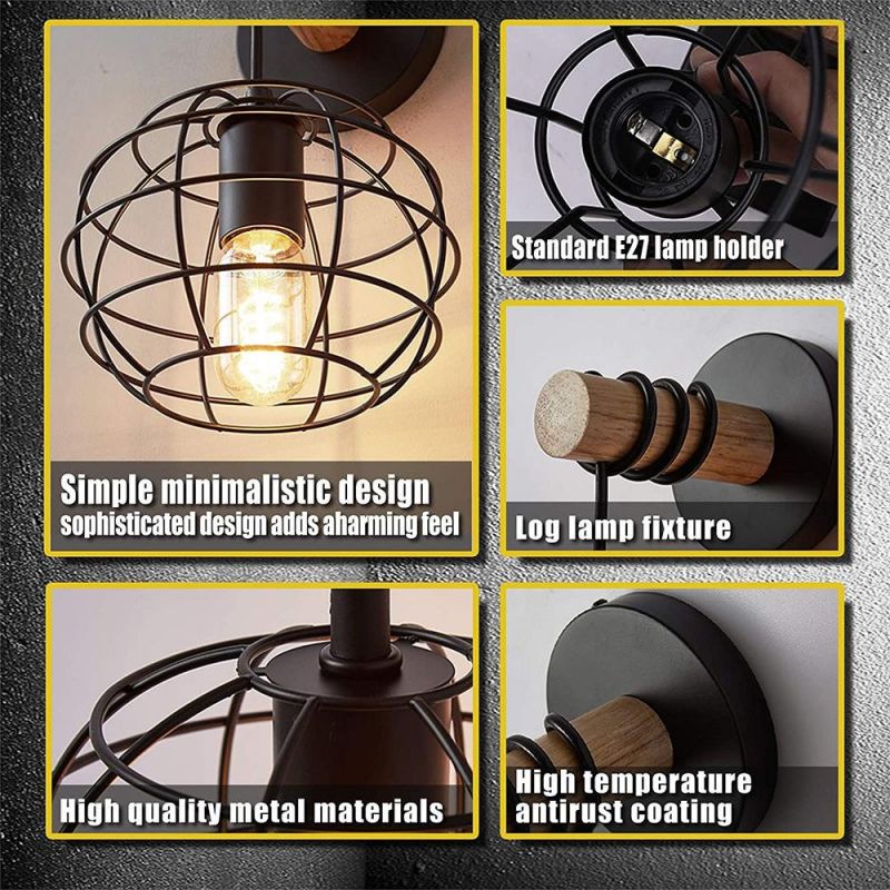 LED Amazon Retro Wrought Iron Black Round Iron Shade Hotel Room Bedroom Bedside Lights Wood Wall Light