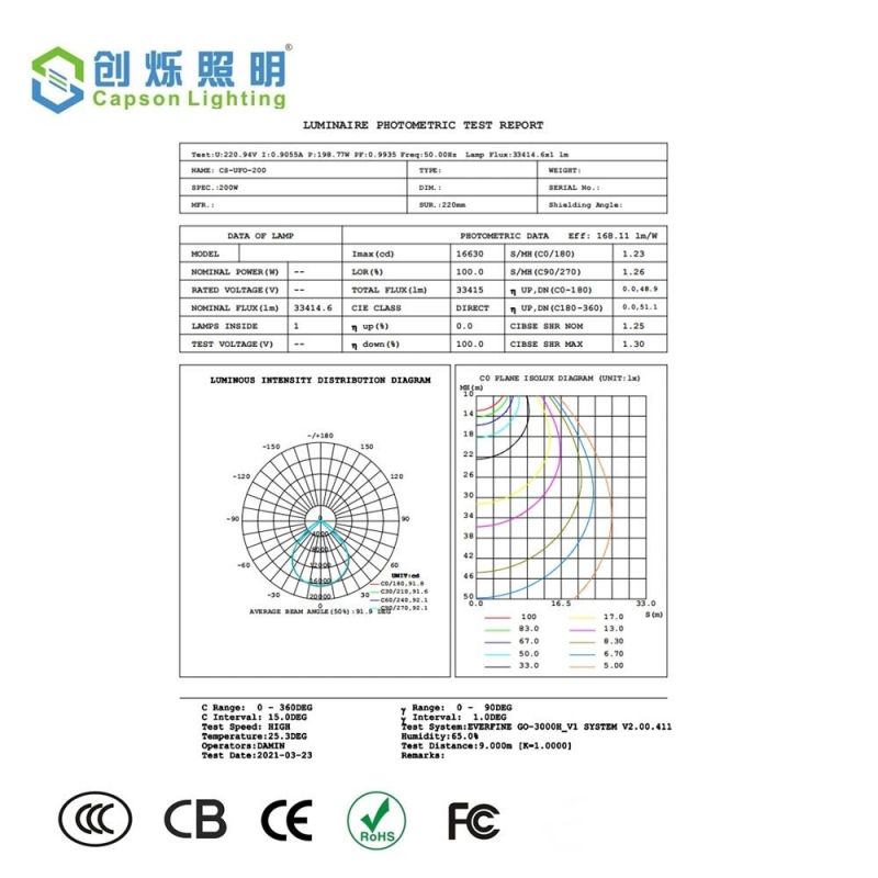 200W UFO LED Industrial Lighting 3years 140lm Factory High Bay Light