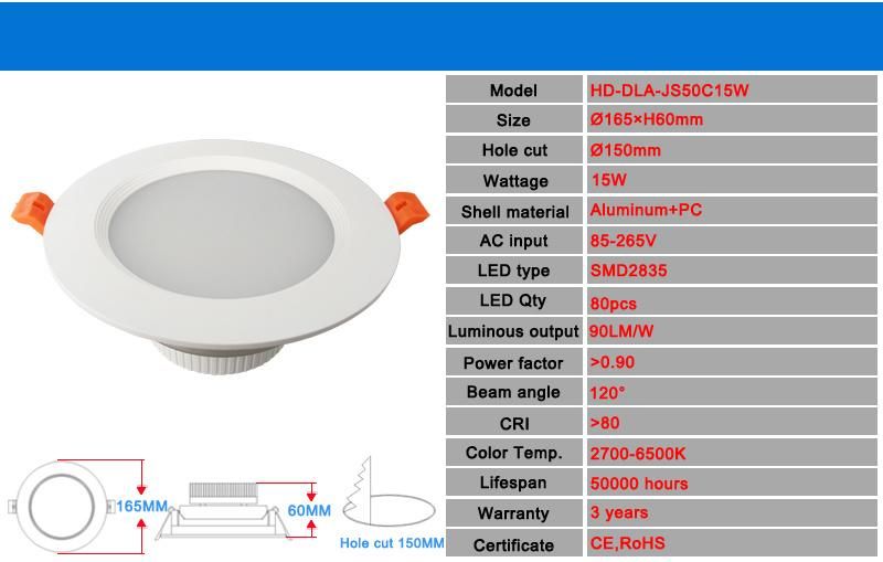 Dimmable Retrofit Recessed Downlight Cool White 15W LED Ceiling Down Light for Shopping Mall
