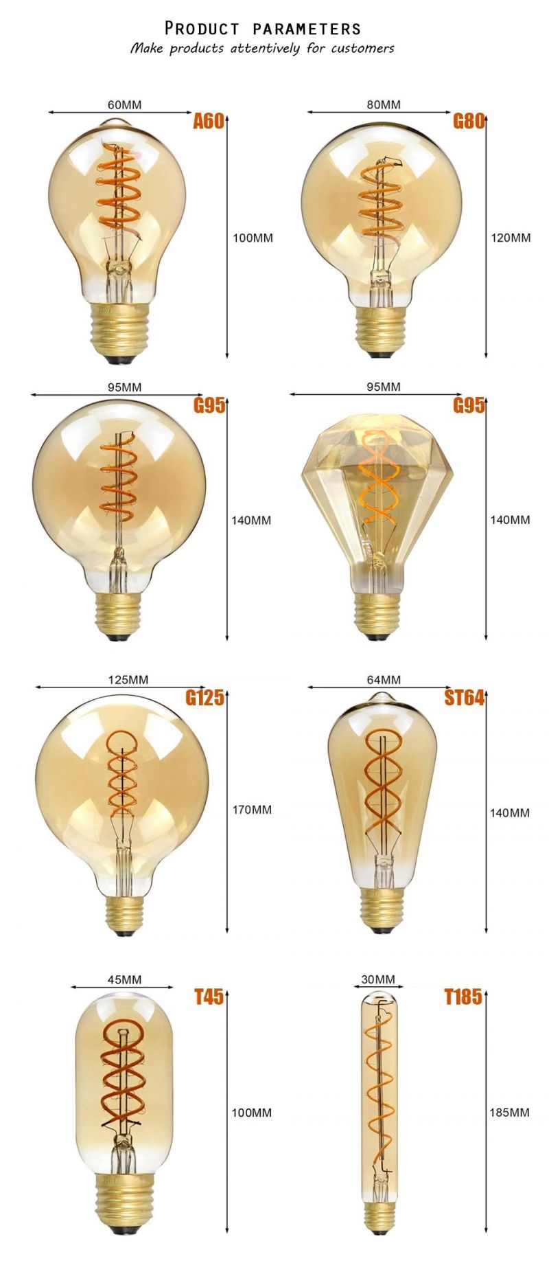 Retro LED Filament Bulb Spiral Light E27 A60 T45 St64 T185 G80 G95 G125 4W Decoration Lighting Retro Vintage Edison LED Lamp